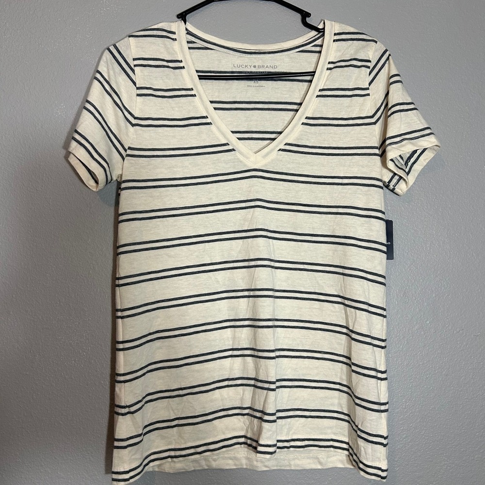 Lucky Brand Striped Tee V-Neck Casual Top Short Sleeve XS